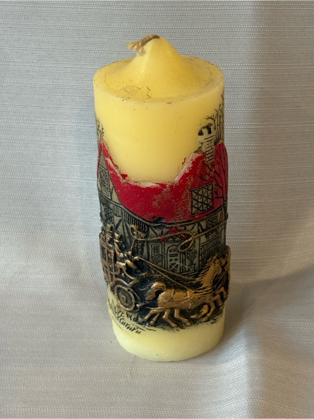 Jasco Decorative Yellow Pillar Candle with Vintage Relief Scene #M23